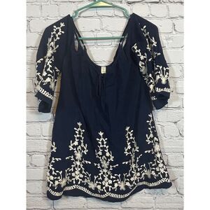 Cookies Hawaii M Navy Blue Embroidered Floral Boho Peasant Top‎ with 3/4 Sleeves